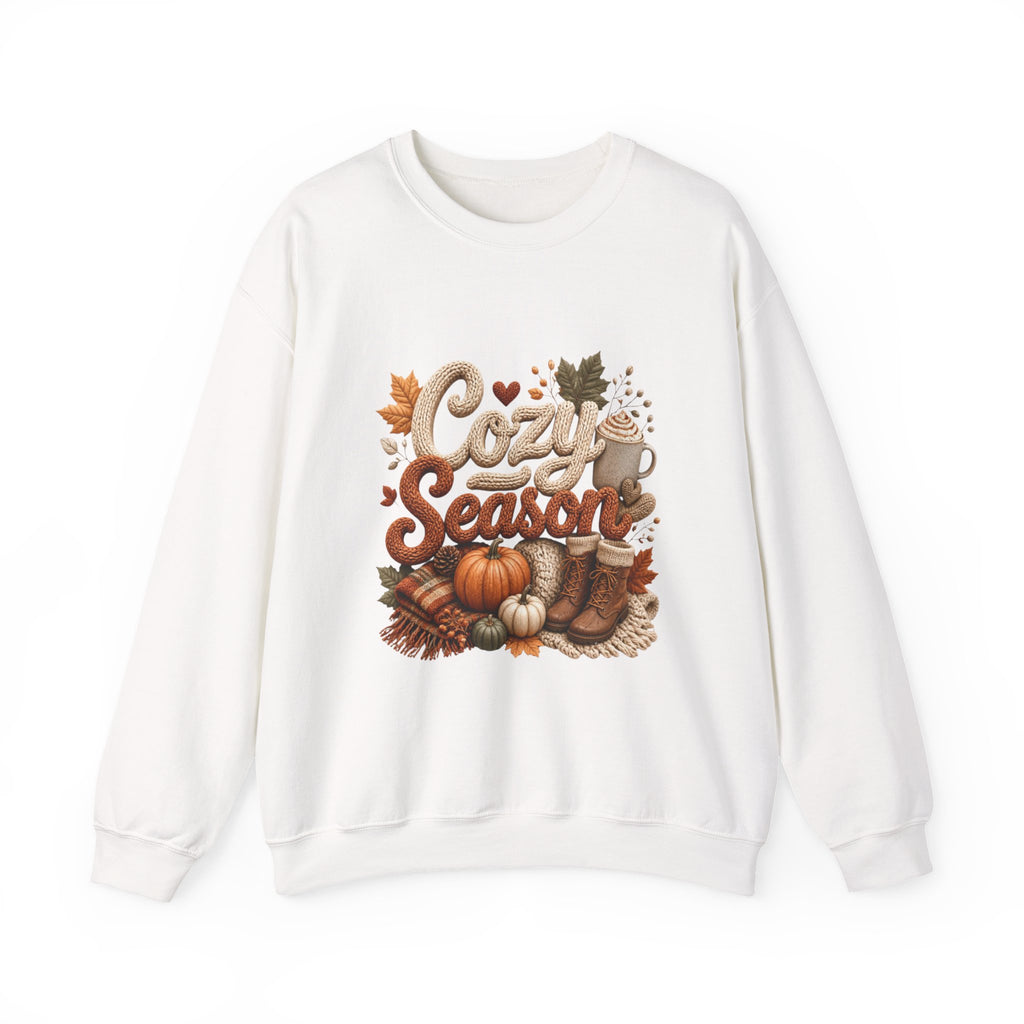 Cozy Season Fall Crewneck Sweatshirt – Pumpkin & Boots Graphic Sweater