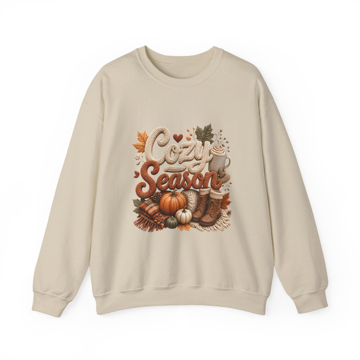 Cozy Season Fall Crewneck Sweatshirt – Pumpkin & Boots Graphic Sweater