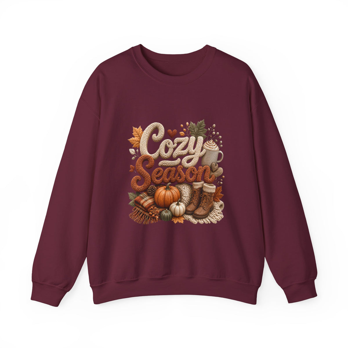 Cozy Season Fall Crewneck Sweatshirt – Pumpkin & Boots Graphic Sweater