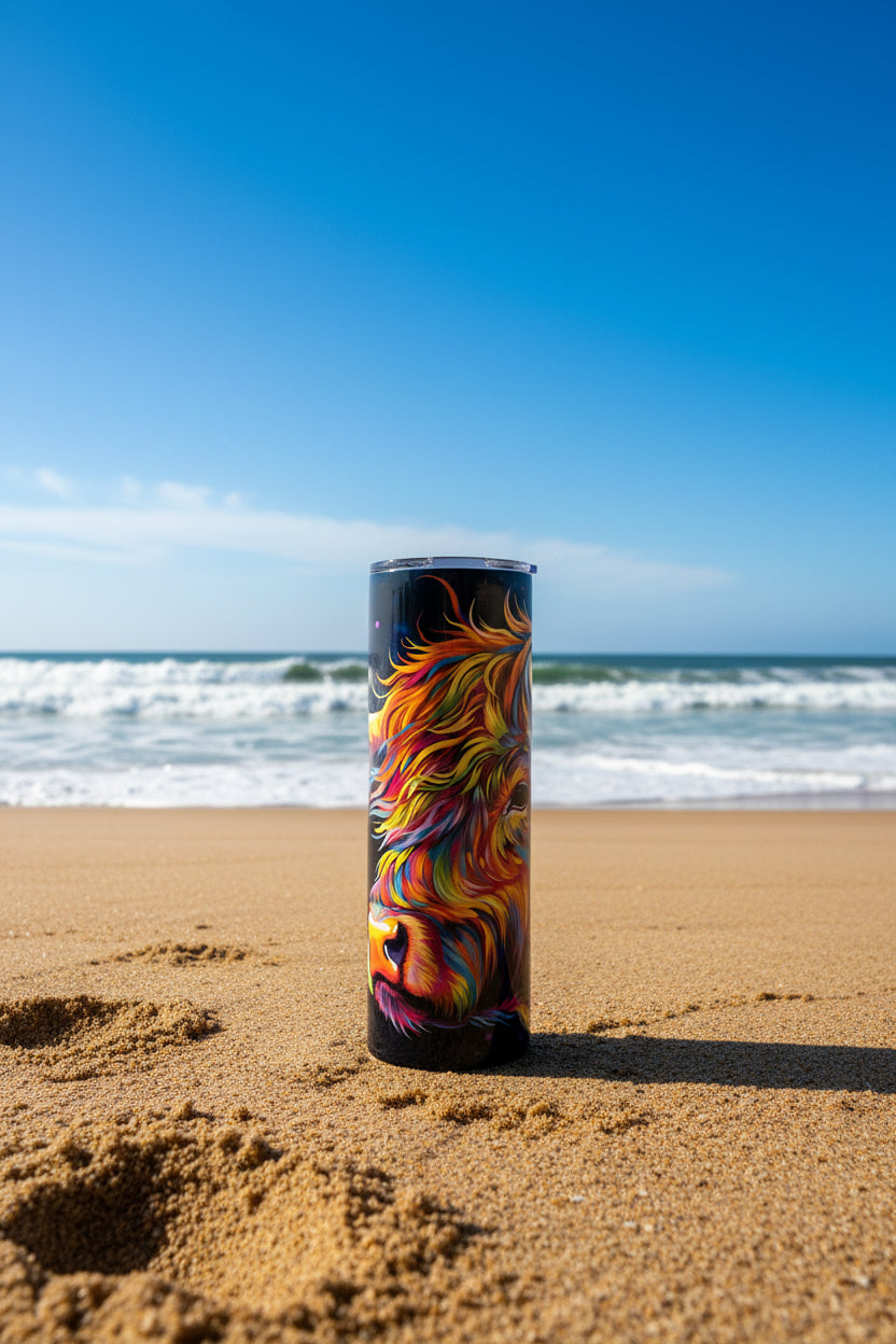 Colorful Highland Cow Skinny Tumbler — Psychedelic Cute Cow Travel Cup — Unique Gift for Cow Lovers