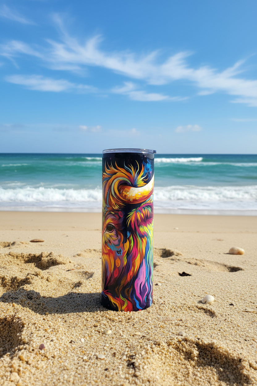 Colorful Highland Cow Skinny Tumbler — Psychedelic Cute Cow Travel Cup — Unique Gift for Cow Lovers
