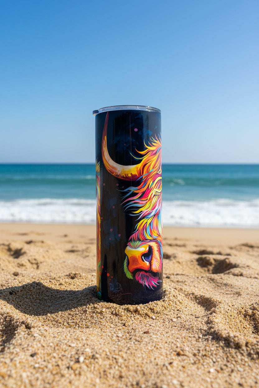 Colorful Highland Cow Skinny Tumbler — Psychedelic Cute Cow Travel Cup — Unique Gift for Cow Lovers