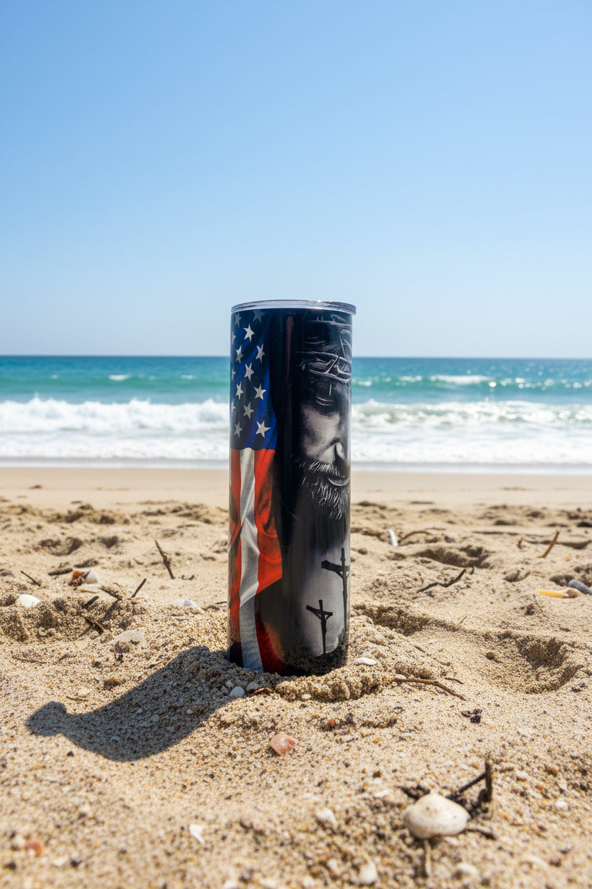 American Flag Cross Skinny Tumbler — Patriotic Christian Gift — USA Faith Travel Cup for Men