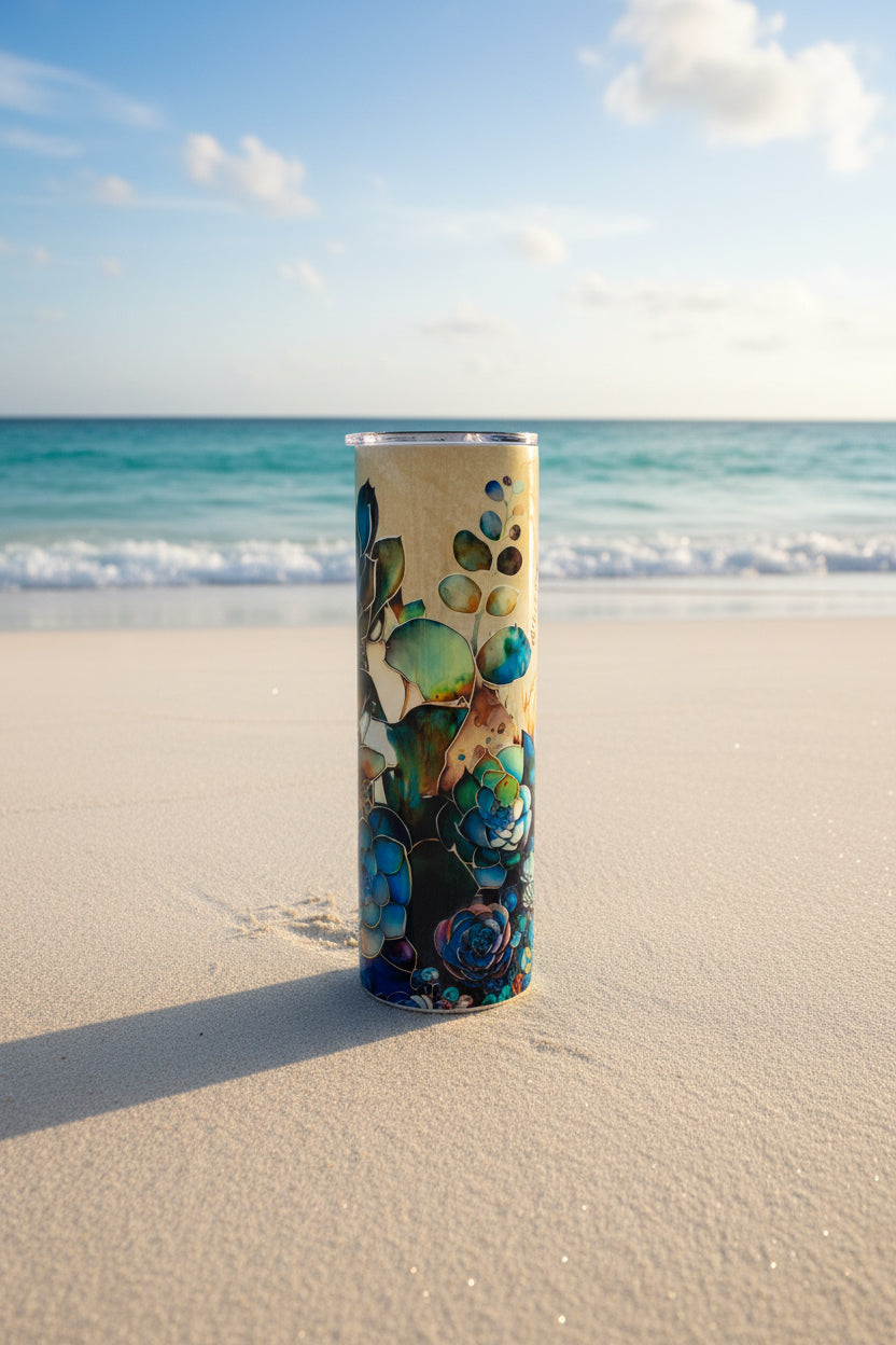 Stained Glass Succulent Skinny Tumbler — Boho Plant Lover Gift — Floral Art Travel Cup
