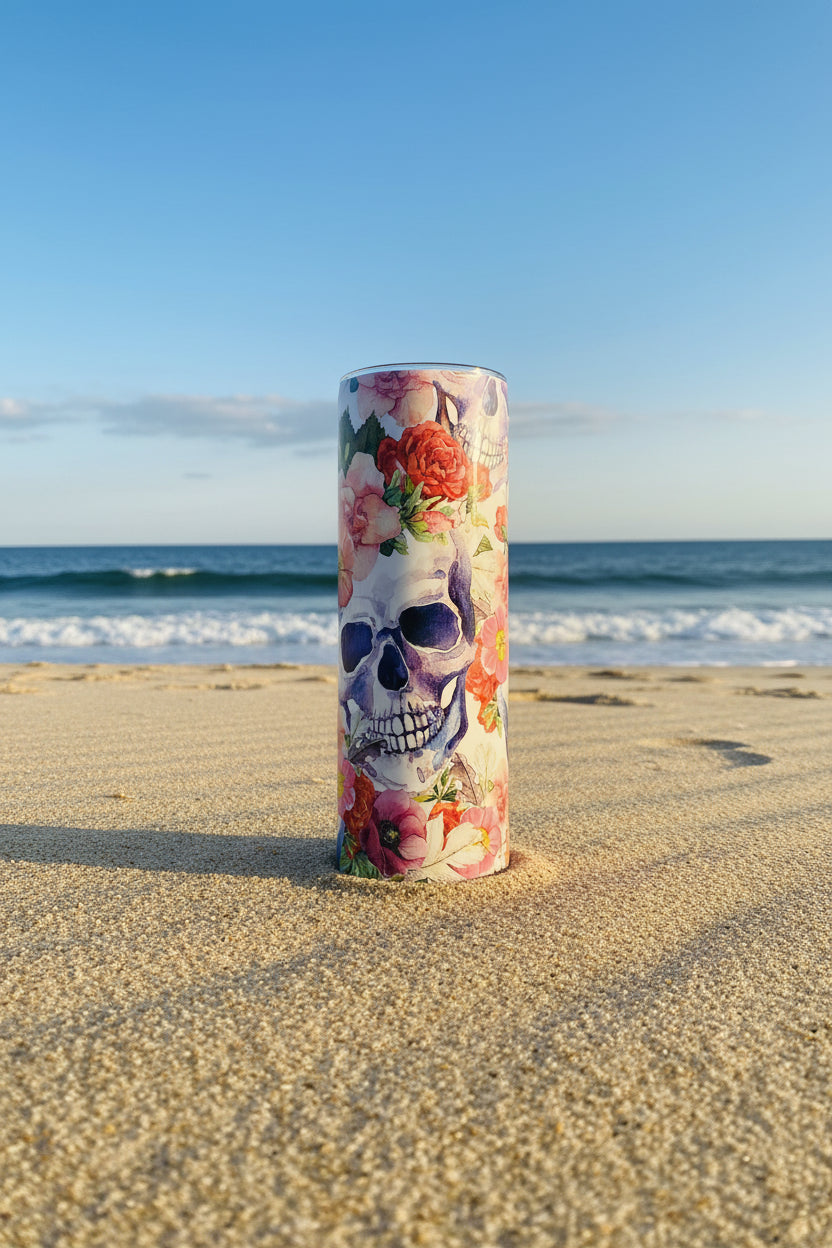 Floral Skull Skinny Tumbler — Day of the Dead Sugar Skull Travel Cup — Gothic Boho Gift