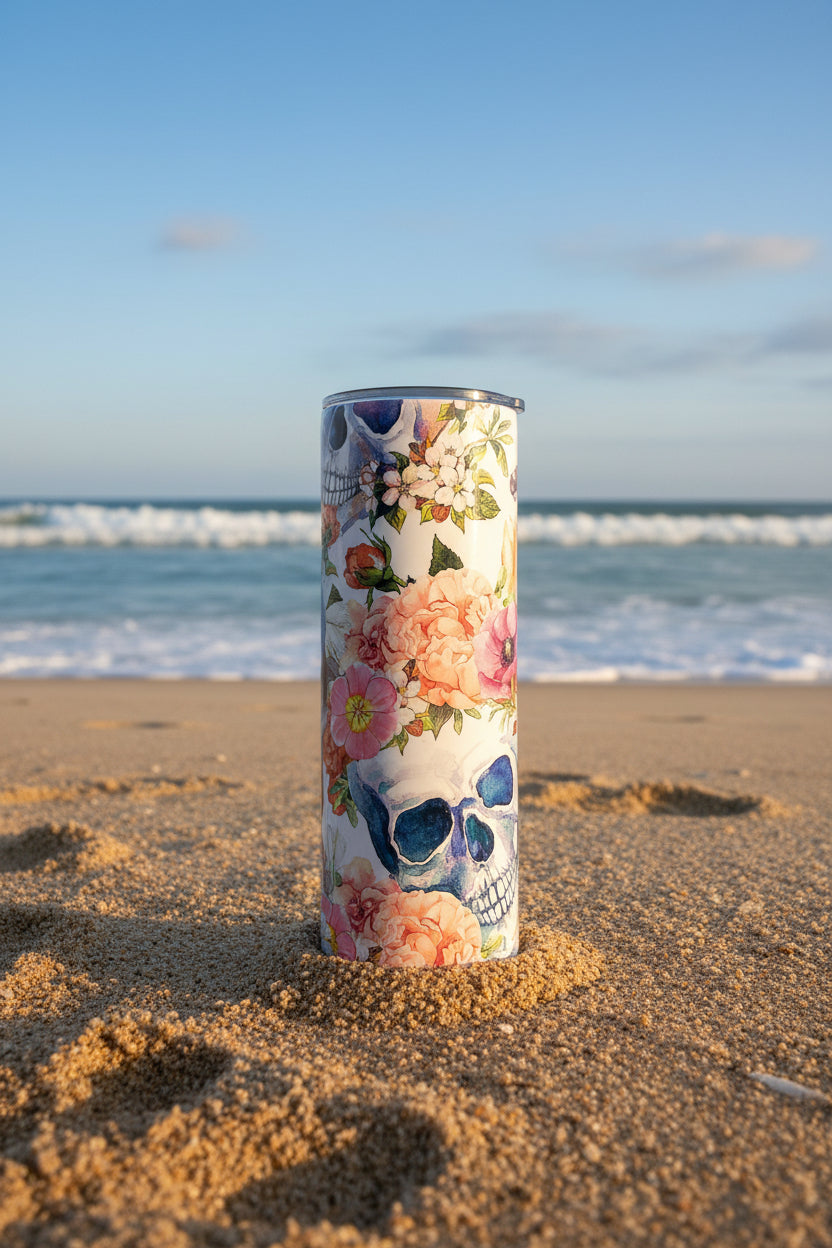 Floral Skull Skinny Tumbler — Day of the Dead Sugar Skull Travel Cup — Gothic Boho Gift