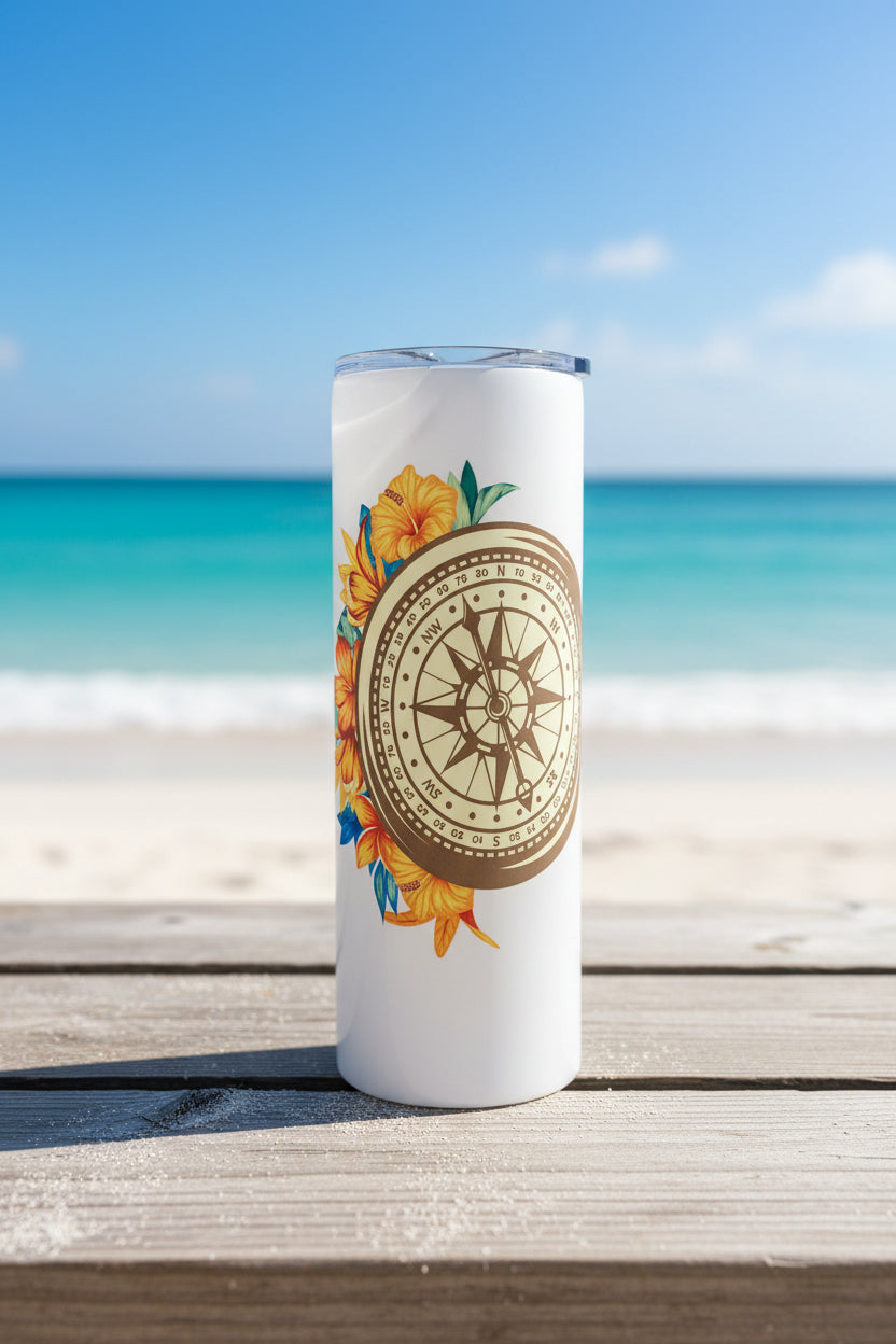 Floral Compass Skinny Tumbler — Boho Adventure Travel Cup — Gift for Travelers and Explorers