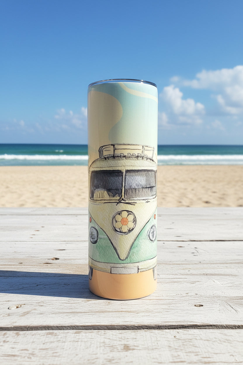 Retro VW Bus Skinny Tumbler — Vintage Road Trip Travel Cup — Hippie Van Adventure Gift