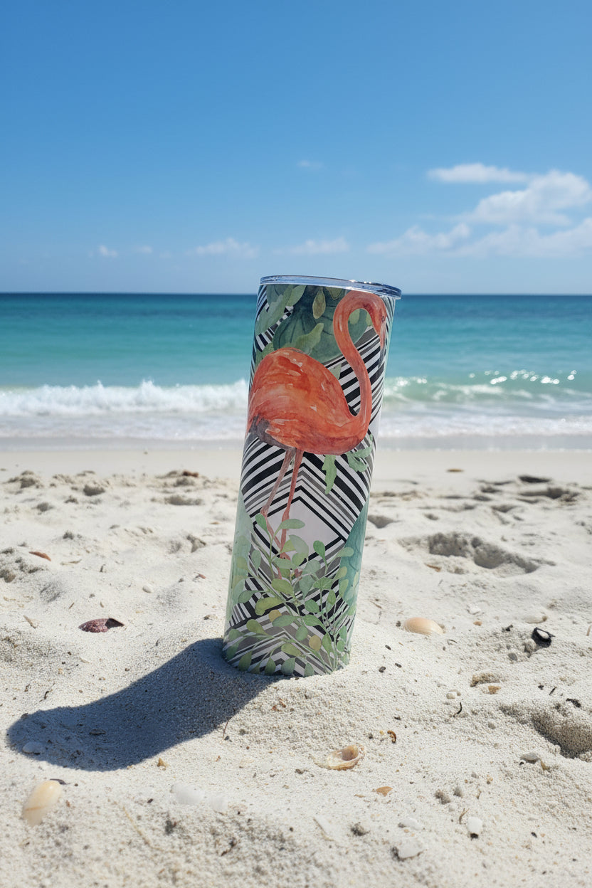 Tropical Flamingo Skinny Tumbler — Black and White Jungle Print Travel Cup — Summer Beach Gift