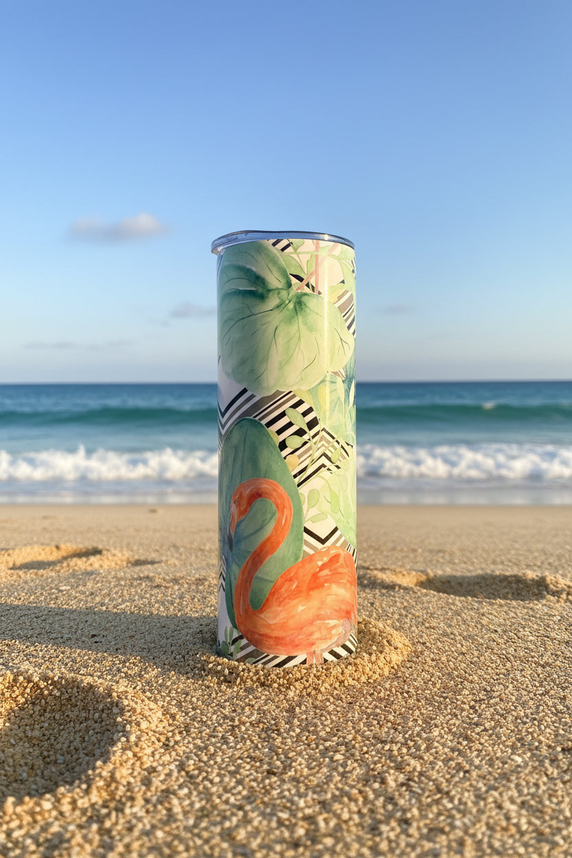 Tropical Flamingo Skinny Tumbler — Black and White Jungle Print Travel Cup — Summer Beach Gift