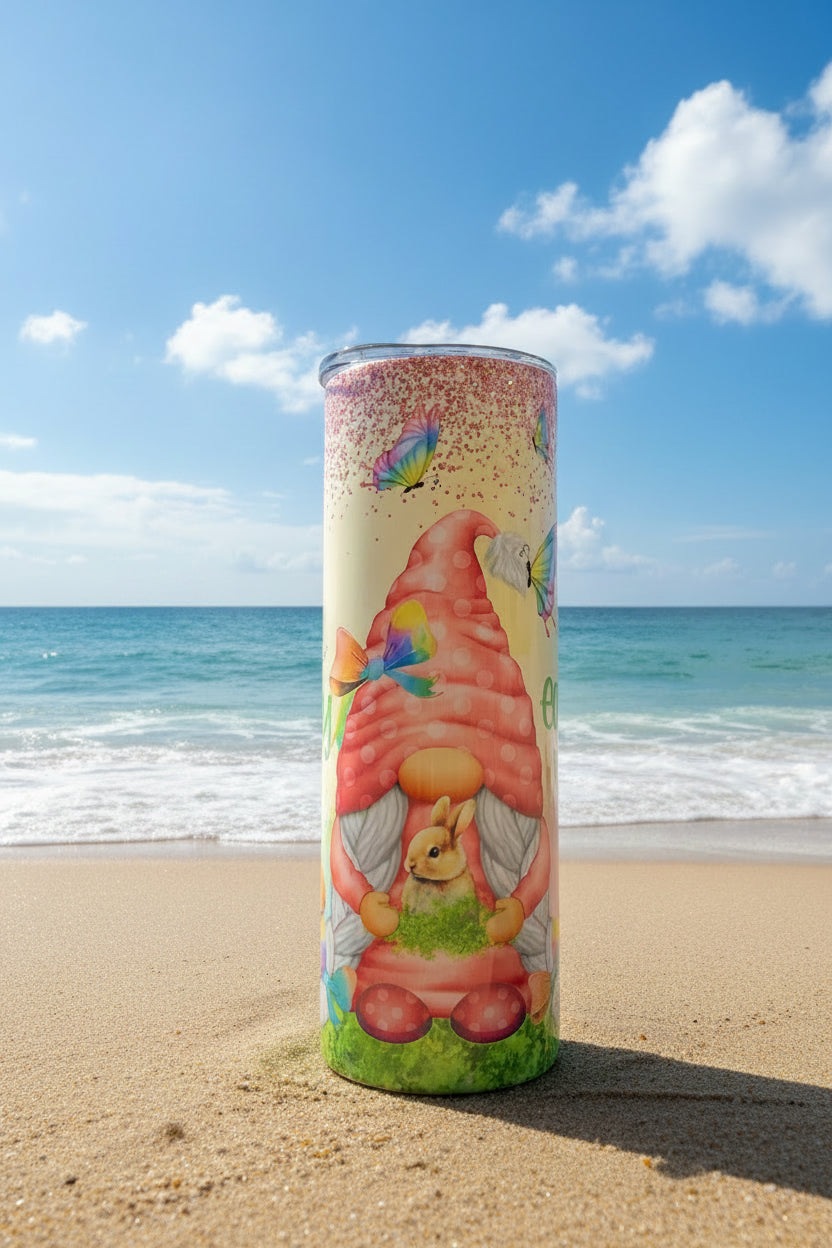 Spring Gnome Skinny Tumbler — Butterfly Garden Cute Travel Cup — Easter Gift for Women