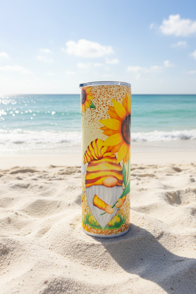 Sunflower Gnome Skinny Tumbler — Cottagecore Garden Gift — Cute Summer Travel Cup