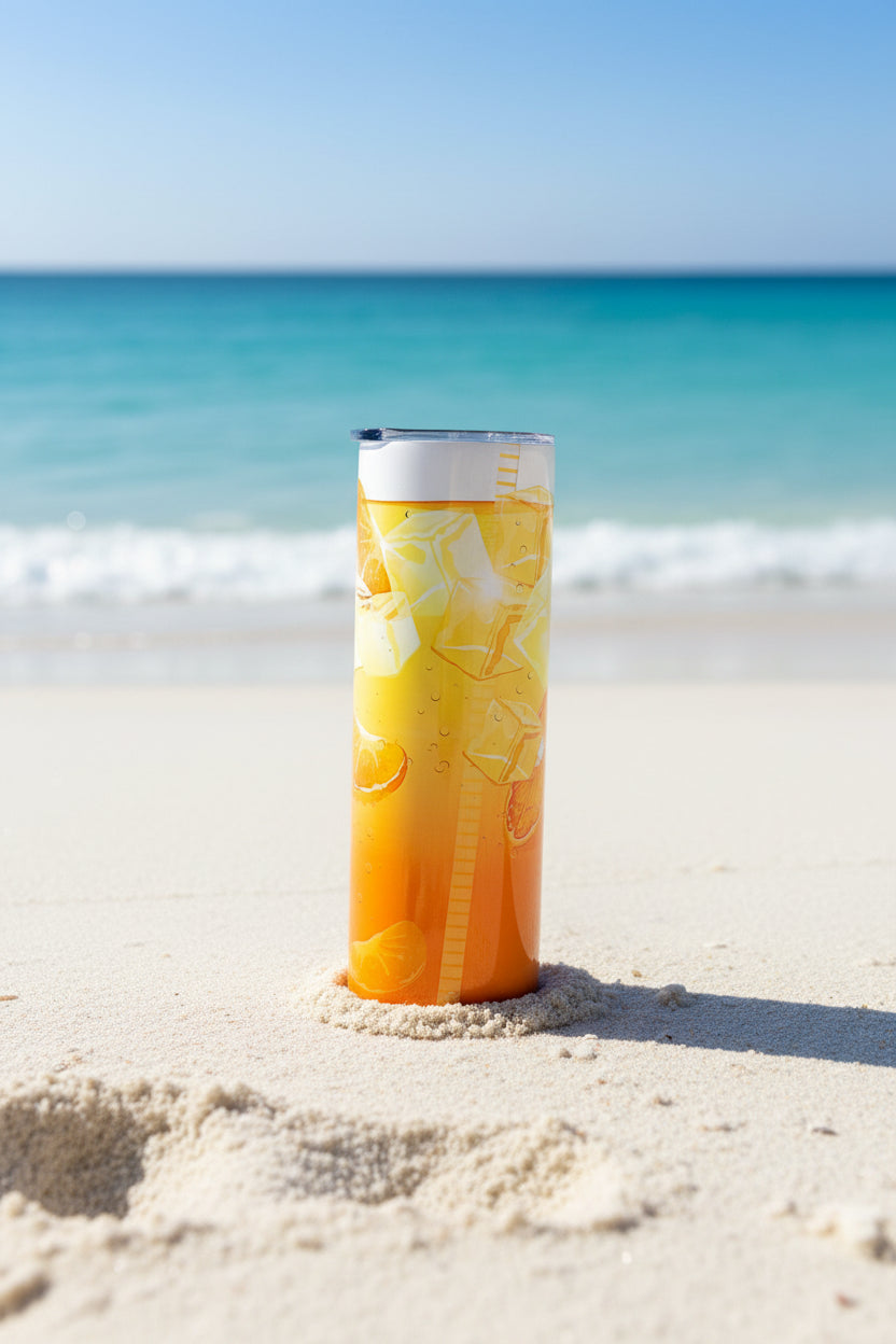 Orange Juice Iced Drink Skinny Tumbler — Realistic Fruit Drink Travel Cup — Summer Citrus Gift
