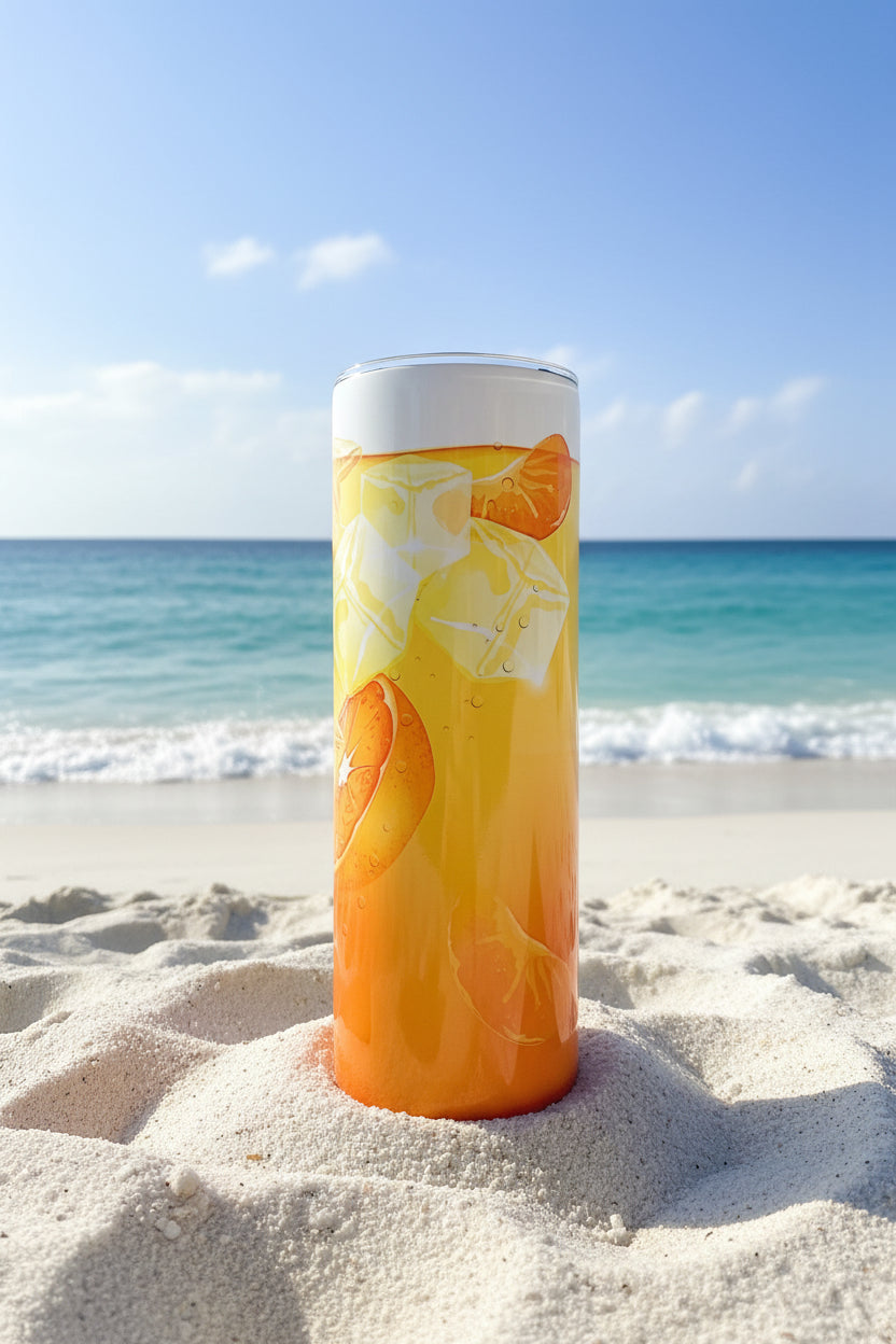 Orange Juice Iced Drink Skinny Tumbler — Realistic Fruit Drink Travel Cup — Summer Citrus Gift