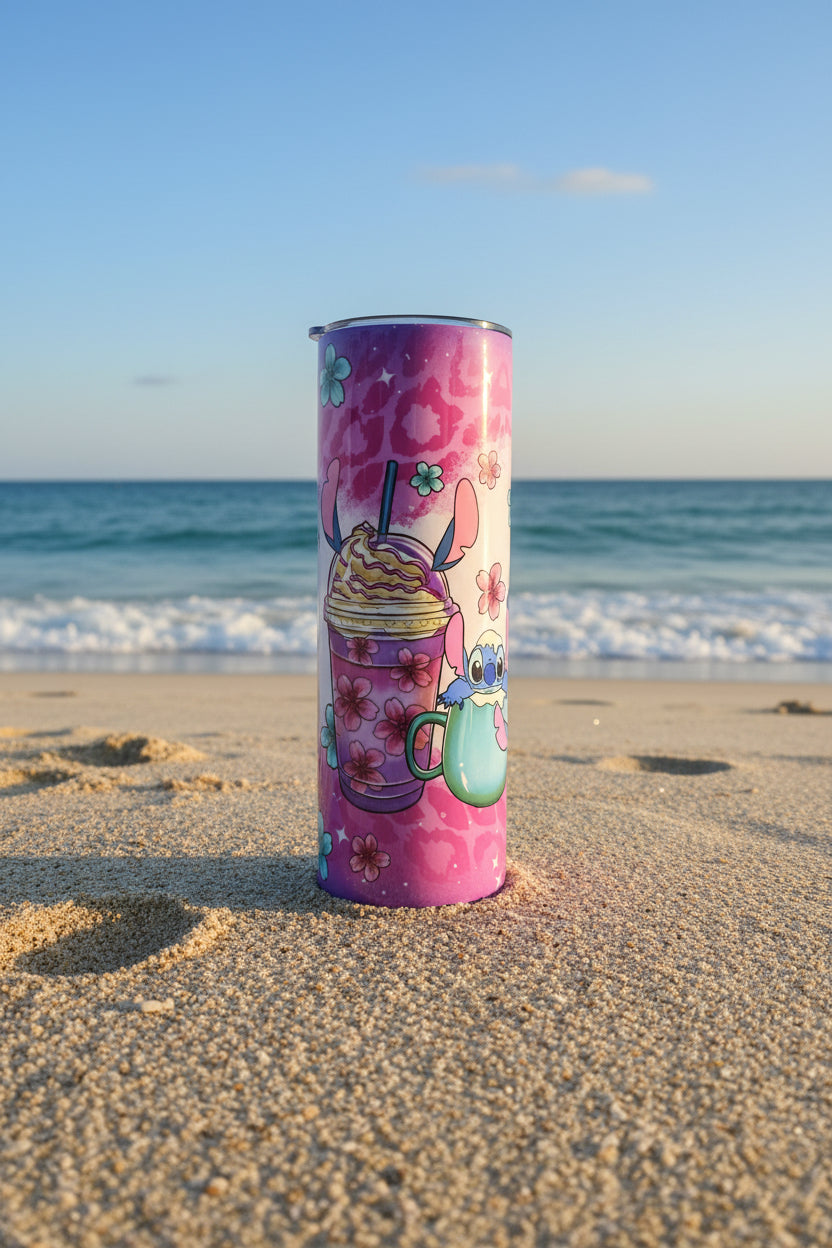 Stitch Inspired Frappuccino Skinny Tumbler — Kawaii Coffee Lover Gift — Cute Pink Floral Travel Cup