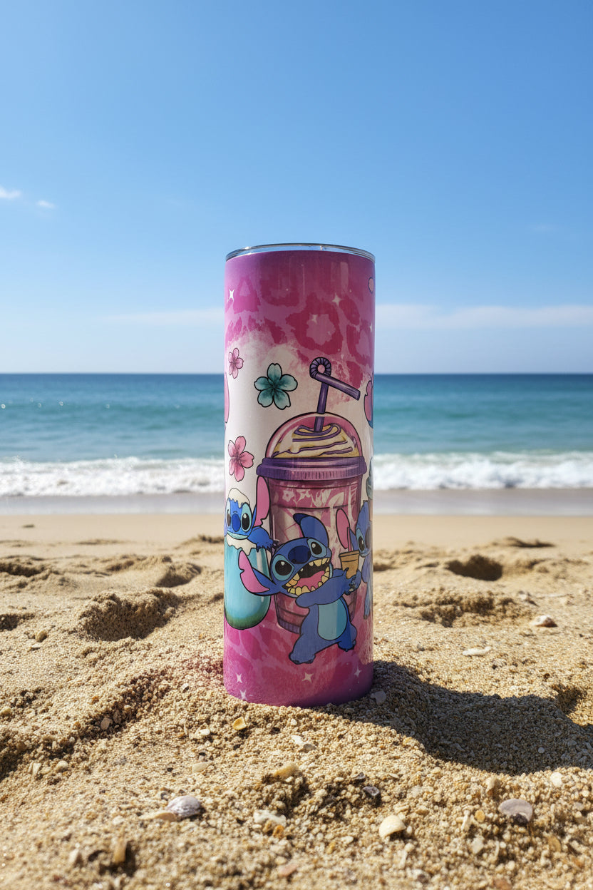 Stitch Inspired Frappuccino Skinny Tumbler — Kawaii Coffee Lover Gift — Cute Pink Floral Travel Cup