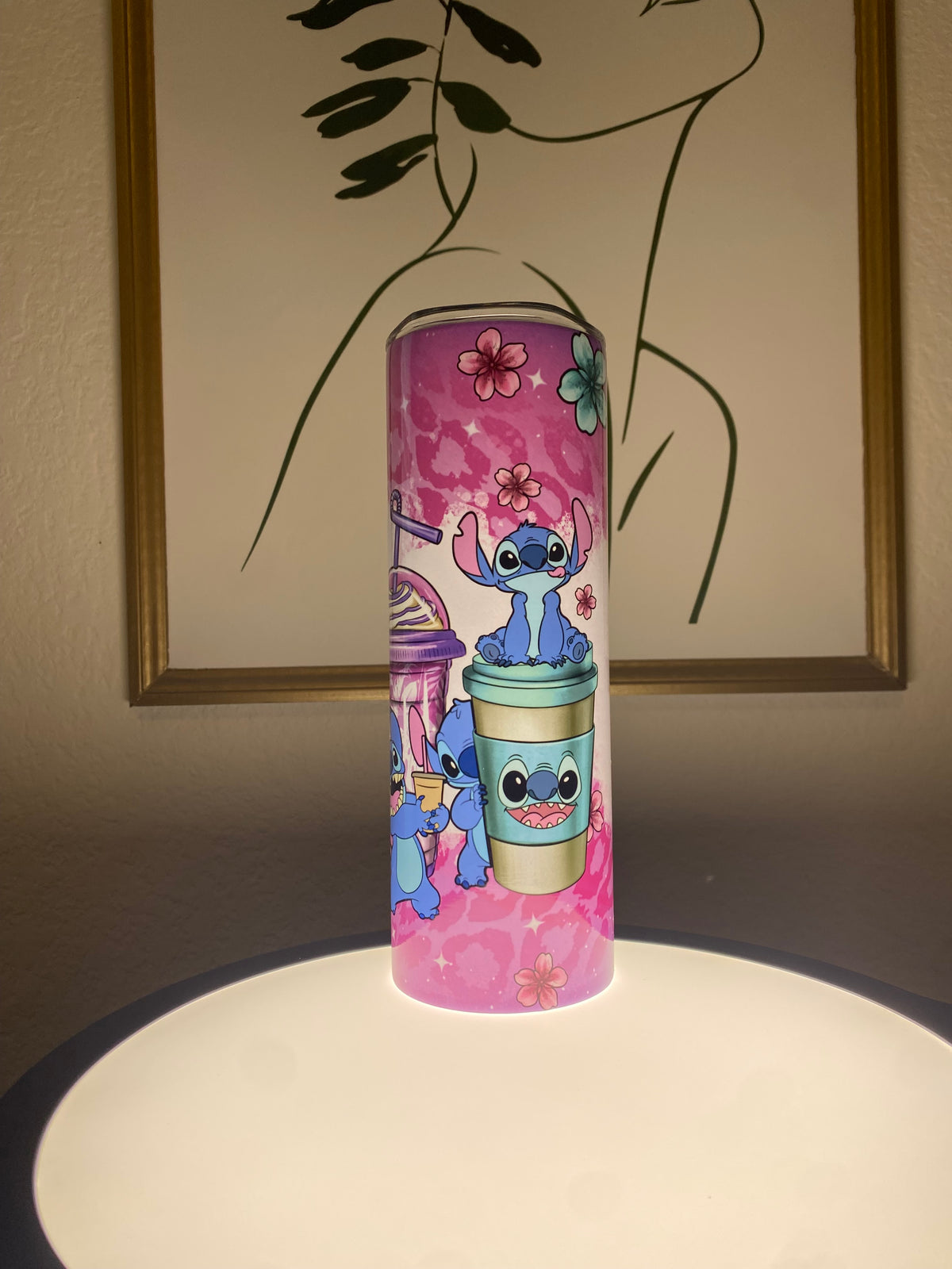 Stitch Inspired Frappuccino Skinny Tumbler — Kawaii Coffee Lover Gift — Cute Pink Floral Travel Cup