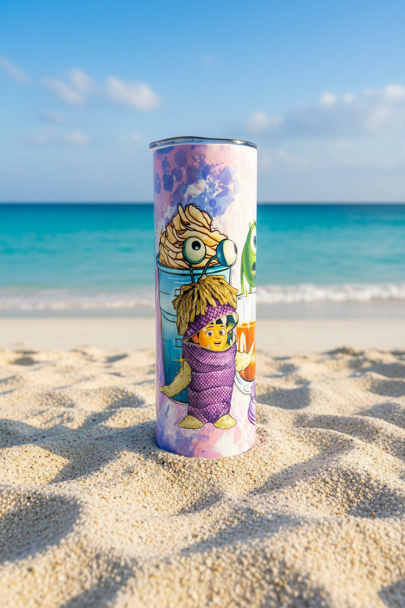 Monster Inc Inspired Coffee Skinny Tumbler — Funny Cartoon Coffee Lover Gift — Quirky Kawaii Travel Cup