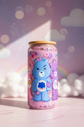 Care Bears Inspired Glitter Glass Cup — Retro 80s Aesthetic Pink Tumbler with Bamboo Lid