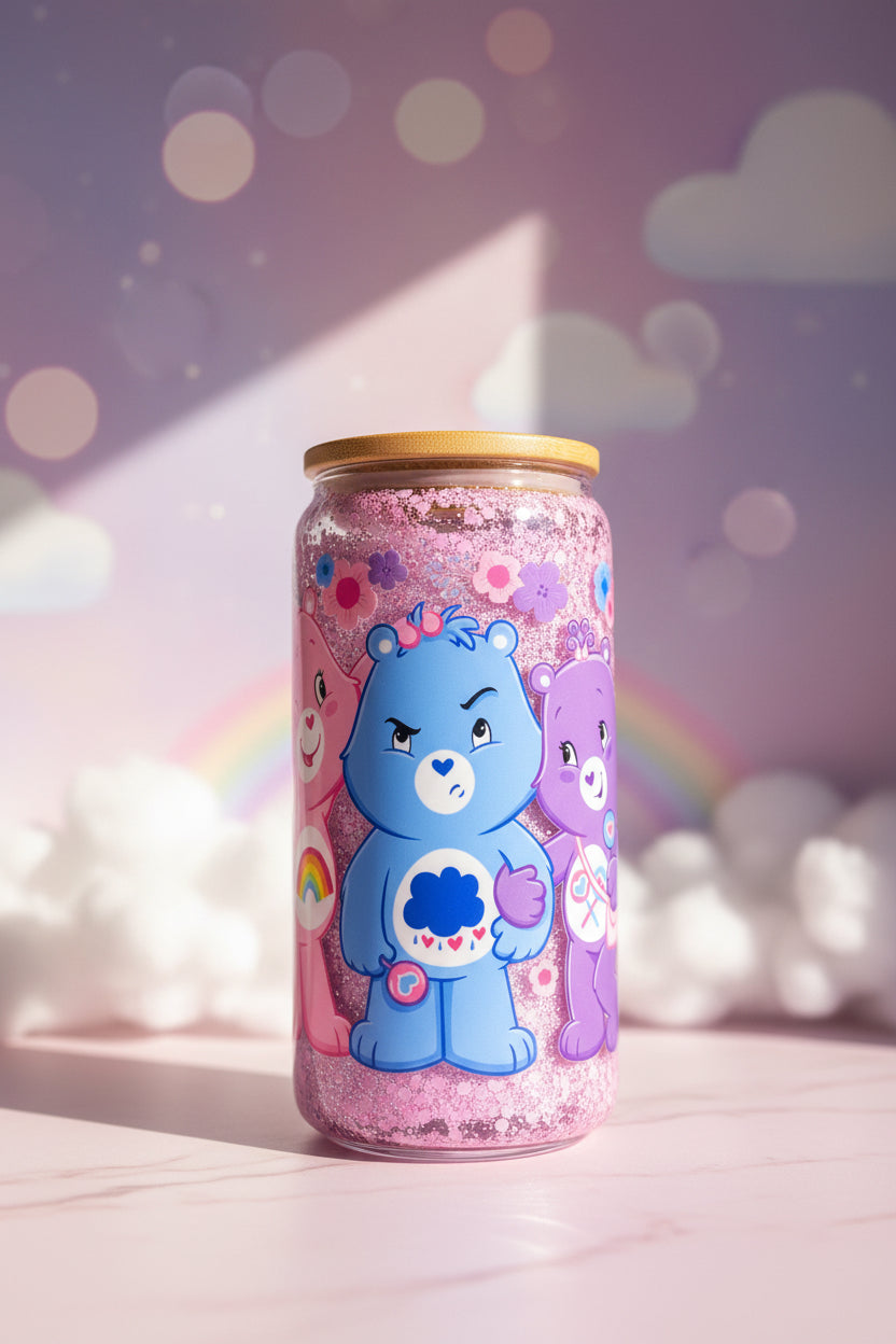 Care Bears Inspired Glitter Glass Cup — Retro 80s Aesthetic Pink Tumbler with Bamboo Lid