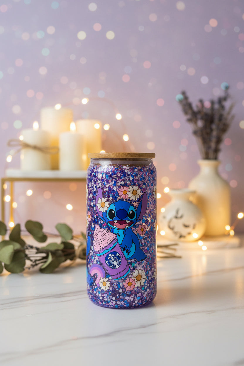 Stitch Inspired Glitter Glass Cup — Purple Floral Iced Coffee Cup with Bamboo Lid
