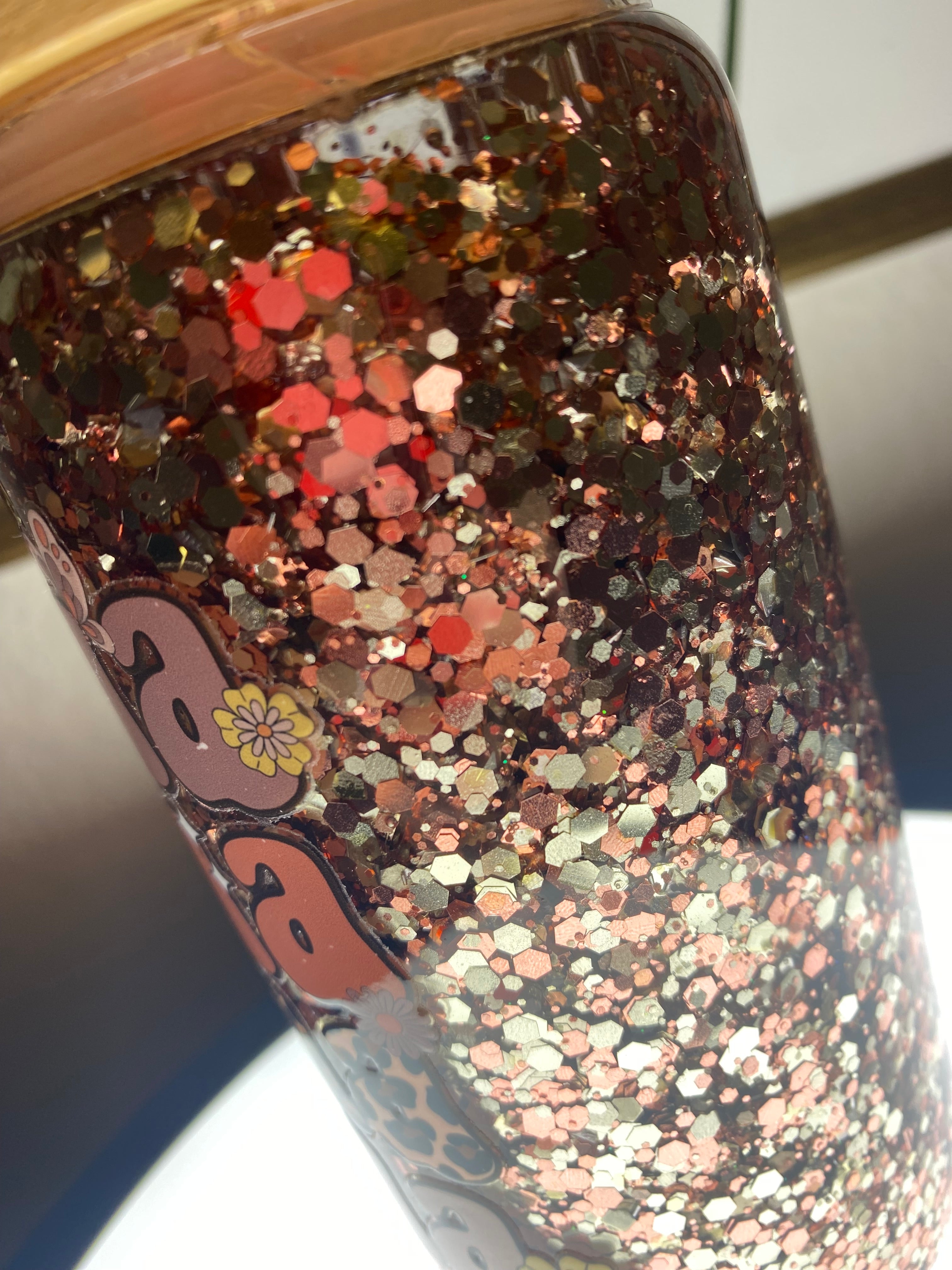 Mama Leopard Glitter Glass Cup — Retro Boho Mom Gift — Iced Coffee Tumbler with Bamboo Lid