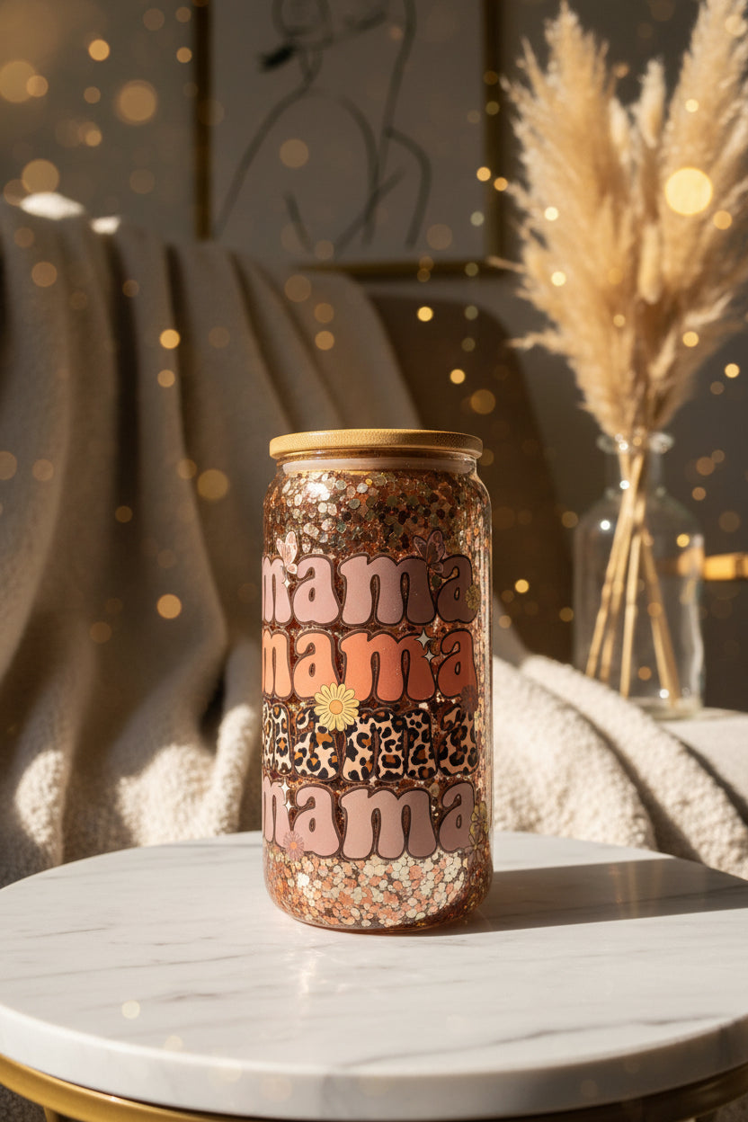 Mama Leopard Glitter Glass Cup — Retro Boho Mom Gift — Iced Coffee Tumbler with Bamboo Lid