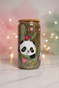 Panda Love Glitter Glass Cup — Cute Kawaii Iced Coffee Tumbler with Bamboo Lid