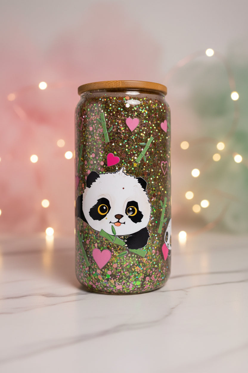 Panda Love Glitter Glass Cup — Cute Kawaii Iced Coffee Tumbler with Bamboo Lid