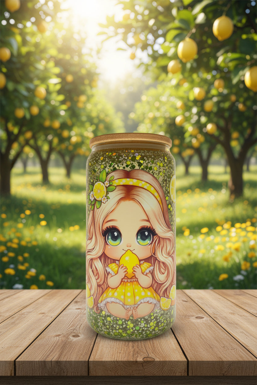 Lemon Girl Kawaii Glitter Glass Cup | Cottagecore Aesthetic Iced Coffee Tumbler with Bamboo Lid