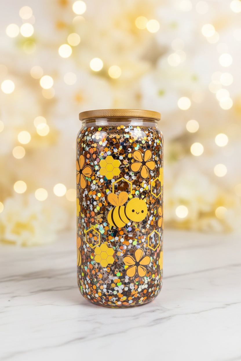 Honey Bee Glitter Glass Cup — Cute Floral Bee Iced Coffee Tumbler — Gift for Bee Lovers
