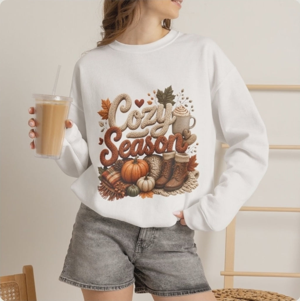 Cozy Season Fall Crewneck Sweatshirt – Pumpkin & Boots Graphic Sweater
