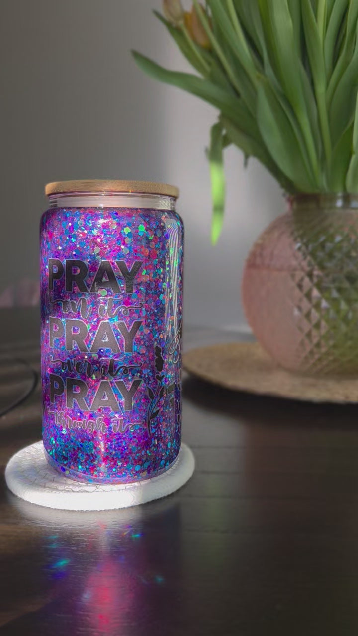 Pray On It Over It Through It Snow Globe Cup | Christian Glitter Tumbler | Faith Gift for Her